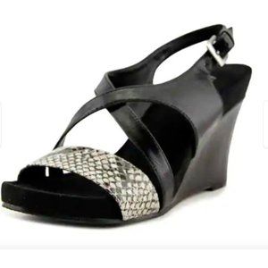 Aerosoles Plushed Together Open Toe Synthetic Black Snake Wedge Shoes Sz.8.5